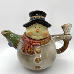 Small Glazed Pottery Snowman Teapot with Santa Cream and Sugar