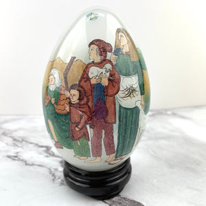 Hand Blown Glass Egg with Stand 1991 SMC in Box Religious Design Li Bien Painted