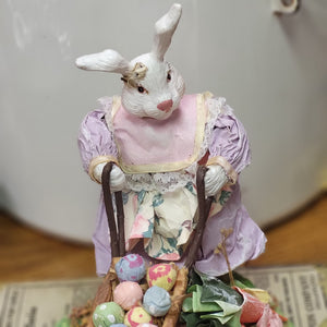 Vintage Paper Mache Lady Bunny With Eggs in a Wheelbarrel, Paper Mache Girl Bunny, Easter Decor