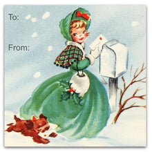 Load image into Gallery viewer, Retro Gift Tag Stickers, Vintage Inspired Little Girl Christmas Gift To and From Stickers