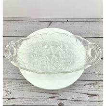 Load image into Gallery viewer, Vtg Indiana Glass Sunflower Relish Tray, Pressed Clear Glass Textured Bowl, Sunflower Pattern Handled Dish