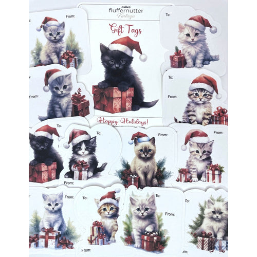 Christmas Kitten Gift Tag Stickers, Vintage Inspired Christmas Gift To and From Stickers