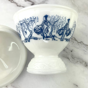 Vntg Chinoiserie Milk Glass Candy Dish Lidded Blue and White Asian Trinket Dish
