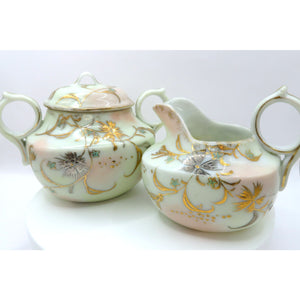 Vintage Nippon Style Moriage Creamer & Sugar Bowl Set Hand Painted Gold Floral
