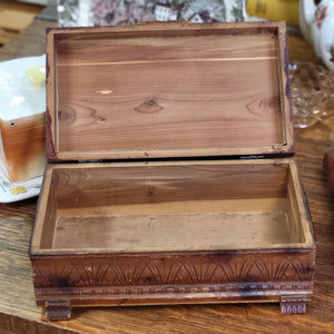 Vintage Wooden Jewelry Box, Carved Hinged Cedar Jewelry Box