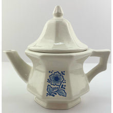 Load image into Gallery viewer, Vtg Avon Teapot Single Serve White Ceramic and Blue Floral Design, Farmhouse Cottage Core Decor