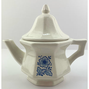 Vtg Avon Teapot Single Serve White Ceramic and Blue Floral Design, Farmhouse Cottage Core Decor