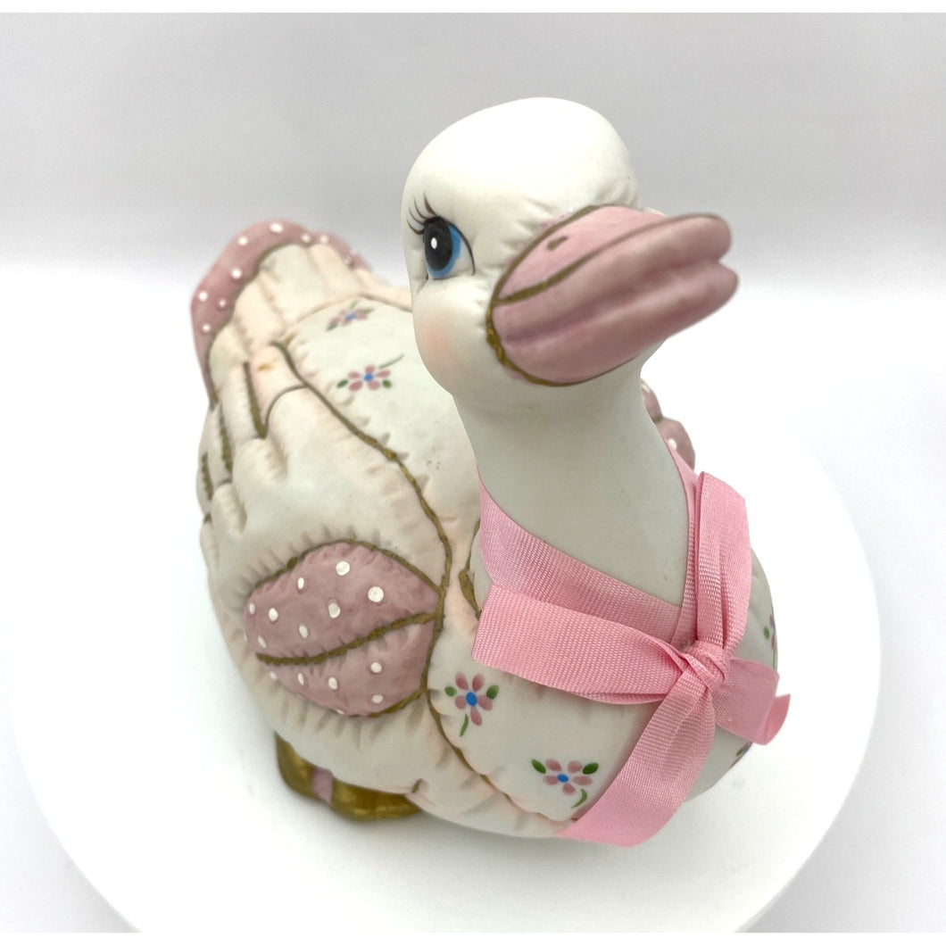 Vintage Lefton Ceramic Duck, Bisque Pink and White Figurine