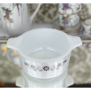 Dynaware Ovenproof Mini Casserole Dish with Brown Daisies, Small Pyr-o-rey White Floral Handled Gratin Dish, Vintage Soup Bowl