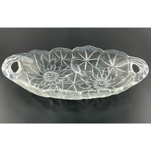 Load image into Gallery viewer, Vtg Indiana Glass Sunflower Relish Tray, Pressed Clear Glass Textured Bowl, Sunflower Pattern Handled Dish