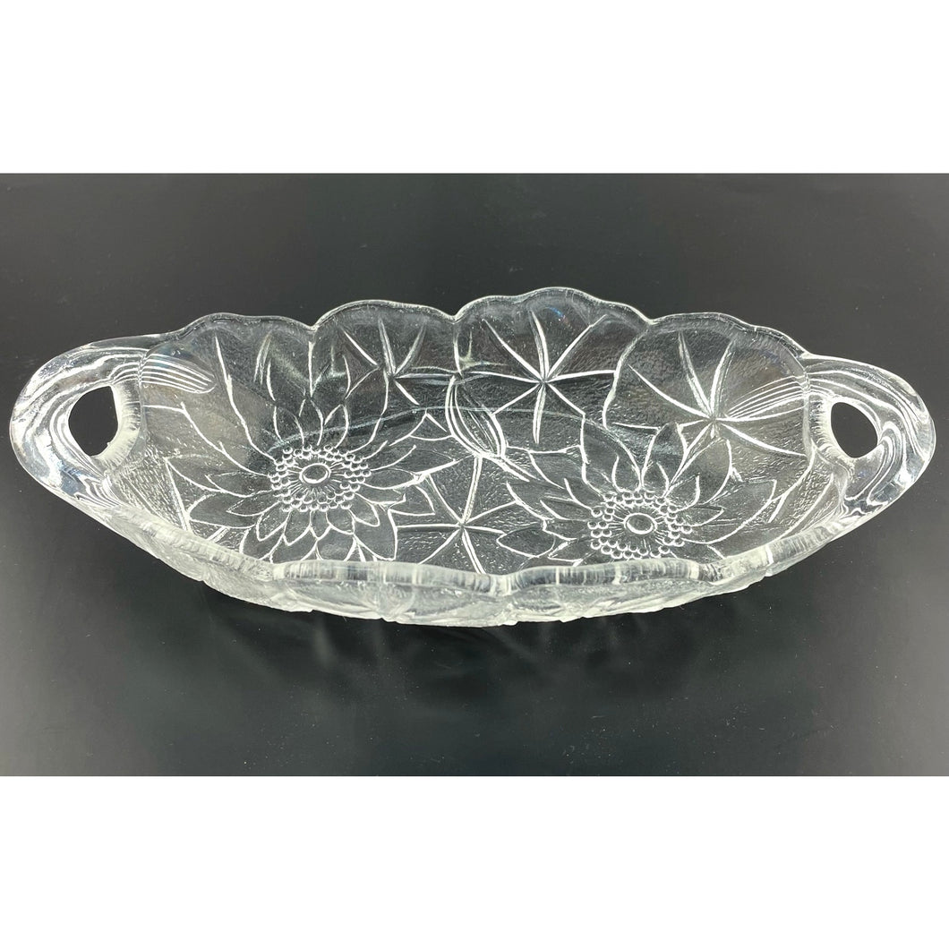 Vtg Indiana Glass Sunflower Relish Tray, Pressed Clear Glass Textured Bowl, Sunflower Pattern Handled Dish