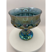 Load image into Gallery viewer, Indiana Glass King&#39;s Crown Blue Iridescent Compote Bowl, Thumbprint Carnival Glass Candy Dish