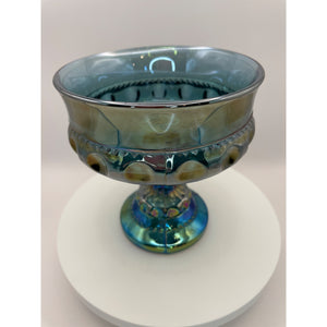 Indiana Glass King's Crown Blue Iridescent Compote Bowl, Thumbprint Carnival Glass Candy Dish