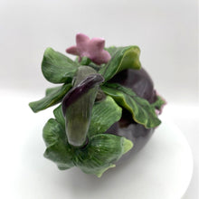 Load image into Gallery viewer, Fitz and Floyd Eggplant Lidded Candy Dish, Beautiful Leaves, Pink Flowers