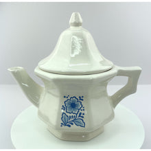 Load image into Gallery viewer, Vtg Avon Teapot Single Serve White Ceramic and Blue Floral Design, Farmhouse Cottage Core Decor