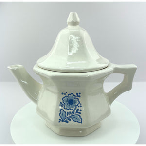 Vtg Avon Teapot Single Serve White Ceramic and Blue Floral Design, Farmhouse Cottage Core Decor