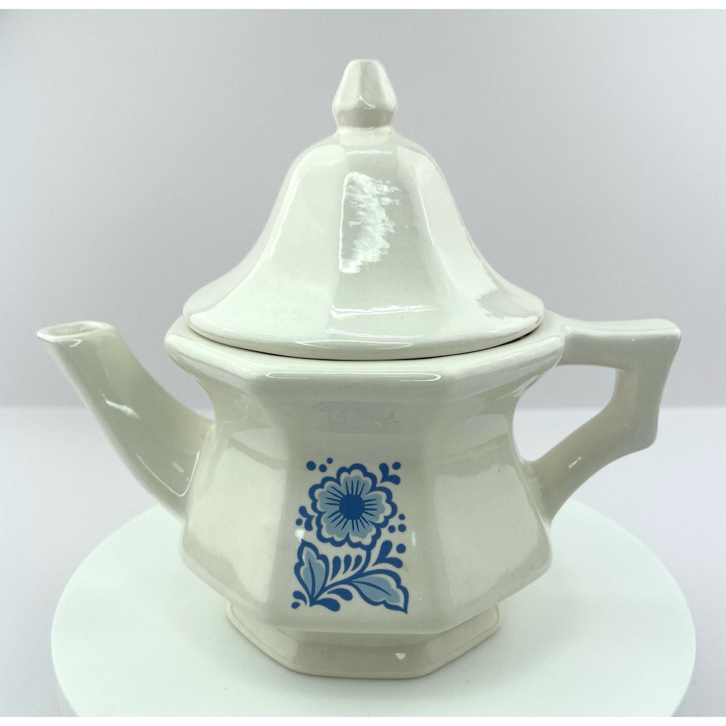 Vtg Avon Teapot Single Serve White Ceramic and Blue Floral Design, Farmhouse Cottage Core Decor