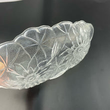 Load image into Gallery viewer, Vtg Indiana Glass Sunflower Relish Tray, Pressed Clear Glass Textured Bowl, Sunflower Pattern Handled Dish