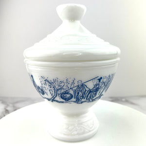 Vntg Chinoiserie Milk Glass Candy Dish Lidded Blue and White Asian Trinket Dish