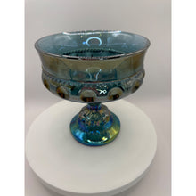Load image into Gallery viewer, Indiana Glass King&#39;s Crown Blue Iridescent Compote Bowl, Thumbprint Carnival Glass Candy Dish