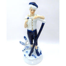Load image into Gallery viewer, Vintage Porcelain Figurine Boy Sharpening Scythe Blue White Gold Light Academia