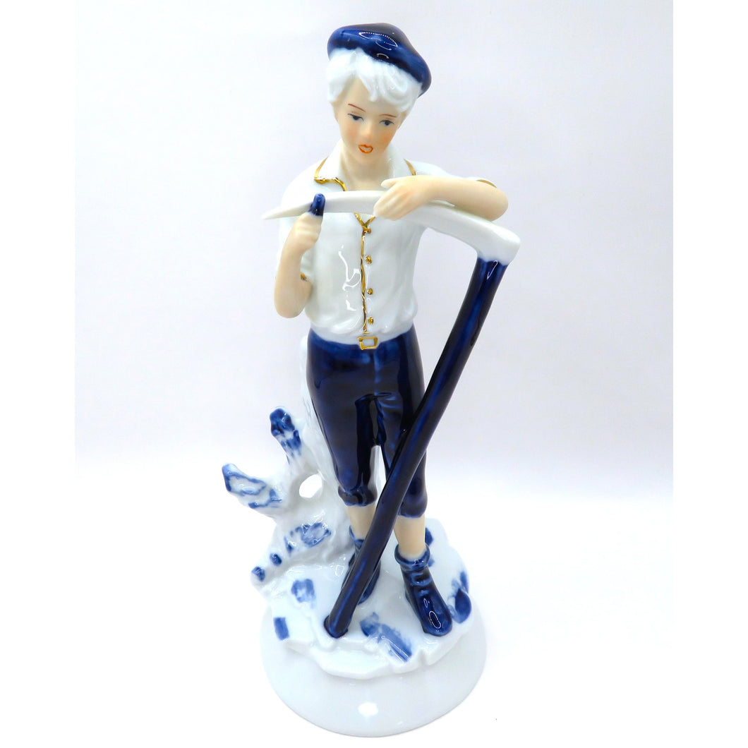 Vintage Porcelain Figurine Boy Sharpening Scythe Blue White Gold Light Academia