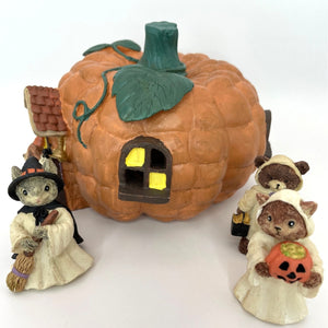 Vintage Lighted Munchkin Pumpkin Halloween House - 4 Pieces