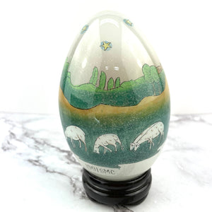Hand Blown Glass Egg with Stand 1991 SMC in Box Religious Design Li Bien Painted