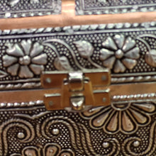 Load image into Gallery viewer, Vintage Silver and Copper Embossed Jewelry Box, Elephant Motif Velvet Lined Trinket Box