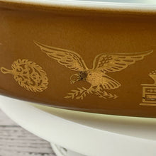 Load image into Gallery viewer, Vintage Pyrex Early American Pattern 1.5 Quart Divided Casserole Dish, Gold Eagle Brown and White