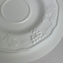 Load image into Gallery viewer, Vintage Milk Glass Teacup and Saucer Set, Grapes and leaves Harvest pattern, Indiana Glass
