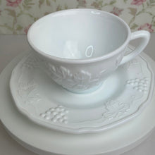 Load image into Gallery viewer, Vintage Milk Glass Teacup and Saucer Set, Grapes and leaves Harvest pattern, Indiana Glass