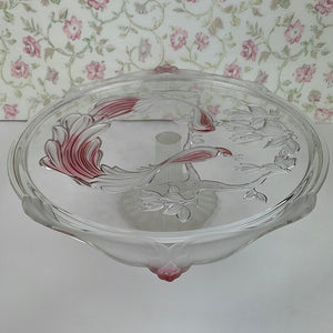 Vintage Mikasa Frosted Glass Pedestal Cake Platter with Peacock Relief