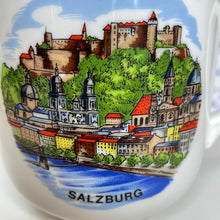 Load image into Gallery viewer, Vintage Salzburg Austria Souvenir Coffee Mug with Gold Rim and Holy Roman Empire, European Palaces and Castles