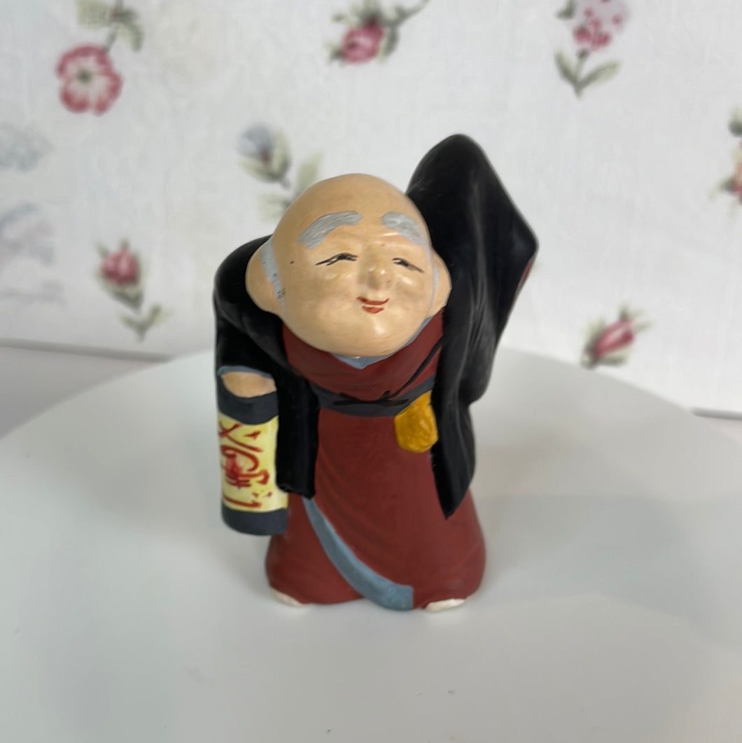 Vintage Japanese Hakata Urasaki Clay Doll Figurine - Old Man with a Lantern