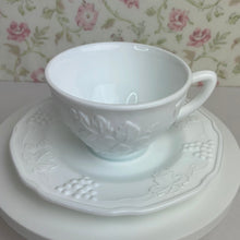 Load image into Gallery viewer, Vintage Milk Glass Teacup and Saucer Set, Grapes and leaves Harvest pattern, Indiana Glass