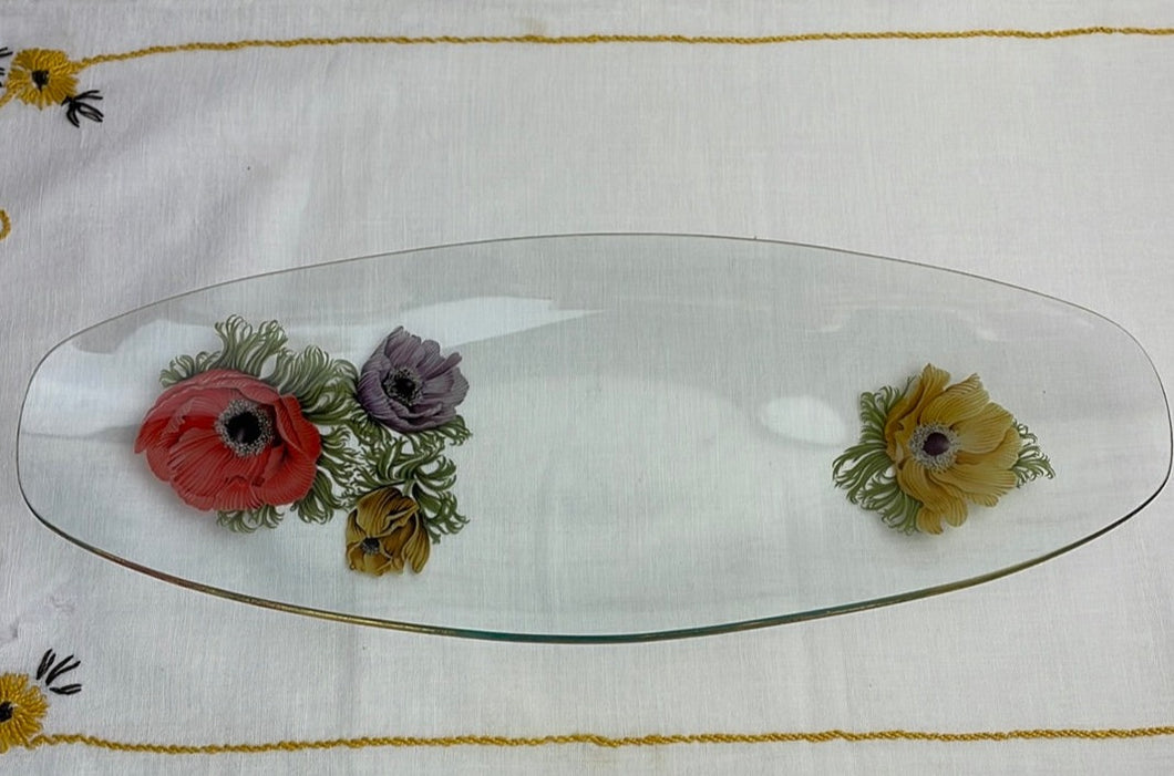 Vintage Chance Glass Fiestaware Anemone-Pattern Oval Glass Dish/Tray with Floral Design