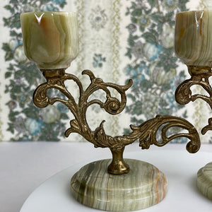 Vintage Onyx and Brass Candlestick Pair: Elegant Art Nouveau Home Decor Accent