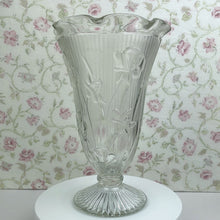 Load image into Gallery viewer, Vintage Jeannette Glass Iris and Herringbone Pattern Footed Flower Vase