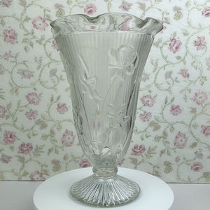 Vintage Jeannette Glass Iris and Herringbone Pattern Footed Flower Vase