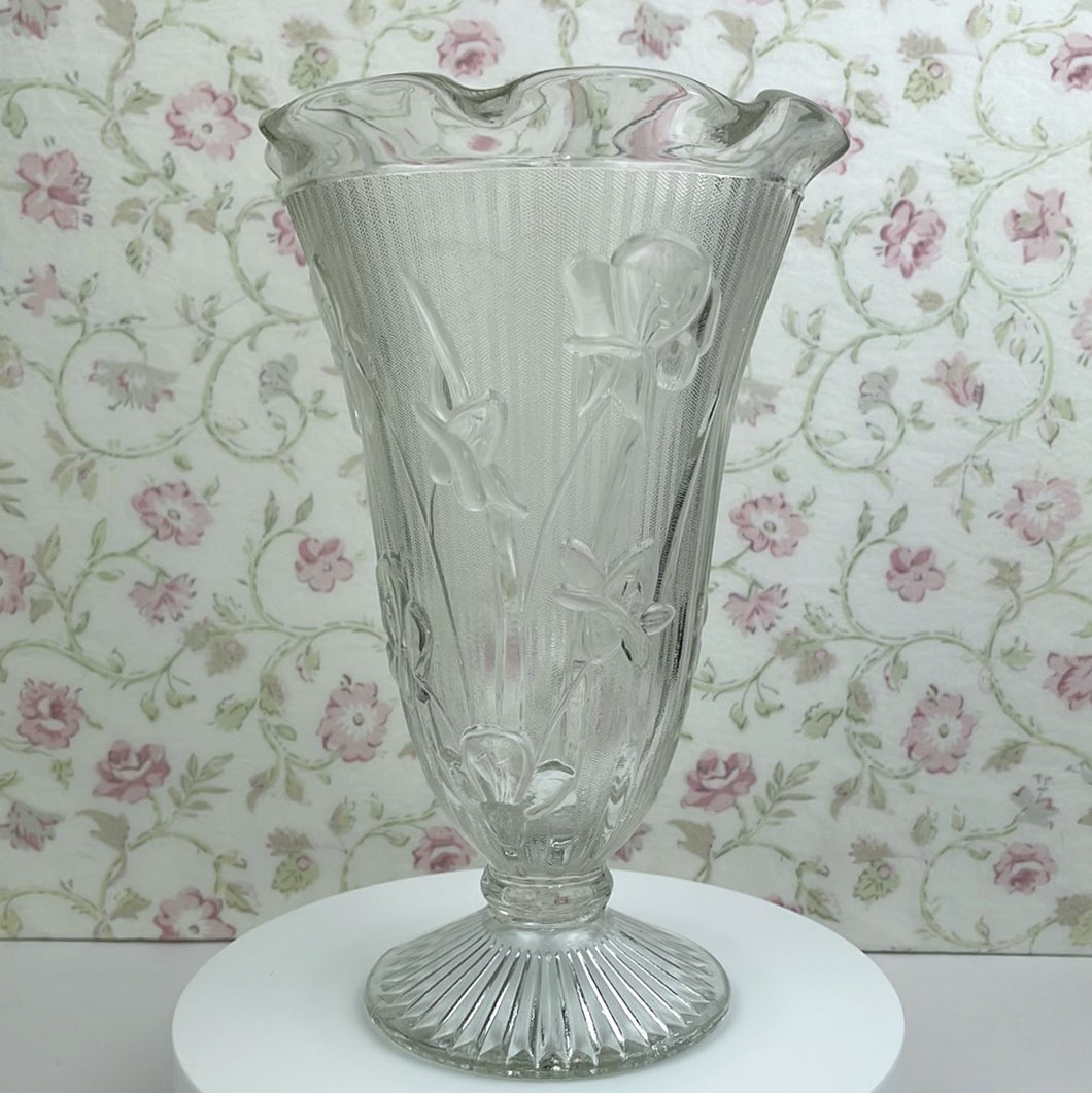 Vintage Jeannette Glass Iris and Herringbone Pattern Footed Flower Vase
