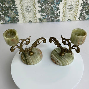Vintage Onyx and Brass Candlestick Pair: Elegant Art Nouveau Home Decor Accent