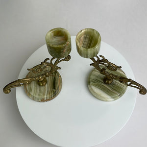Vintage Onyx and Brass Candlestick Pair: Elegant Art Nouveau Home Decor Accent