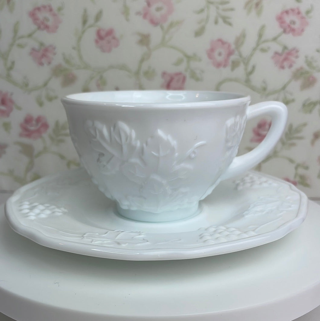 Vintage Milk Glass Teacup and Saucer Set, Grapes and leaves Harvest pattern, Indiana Glass