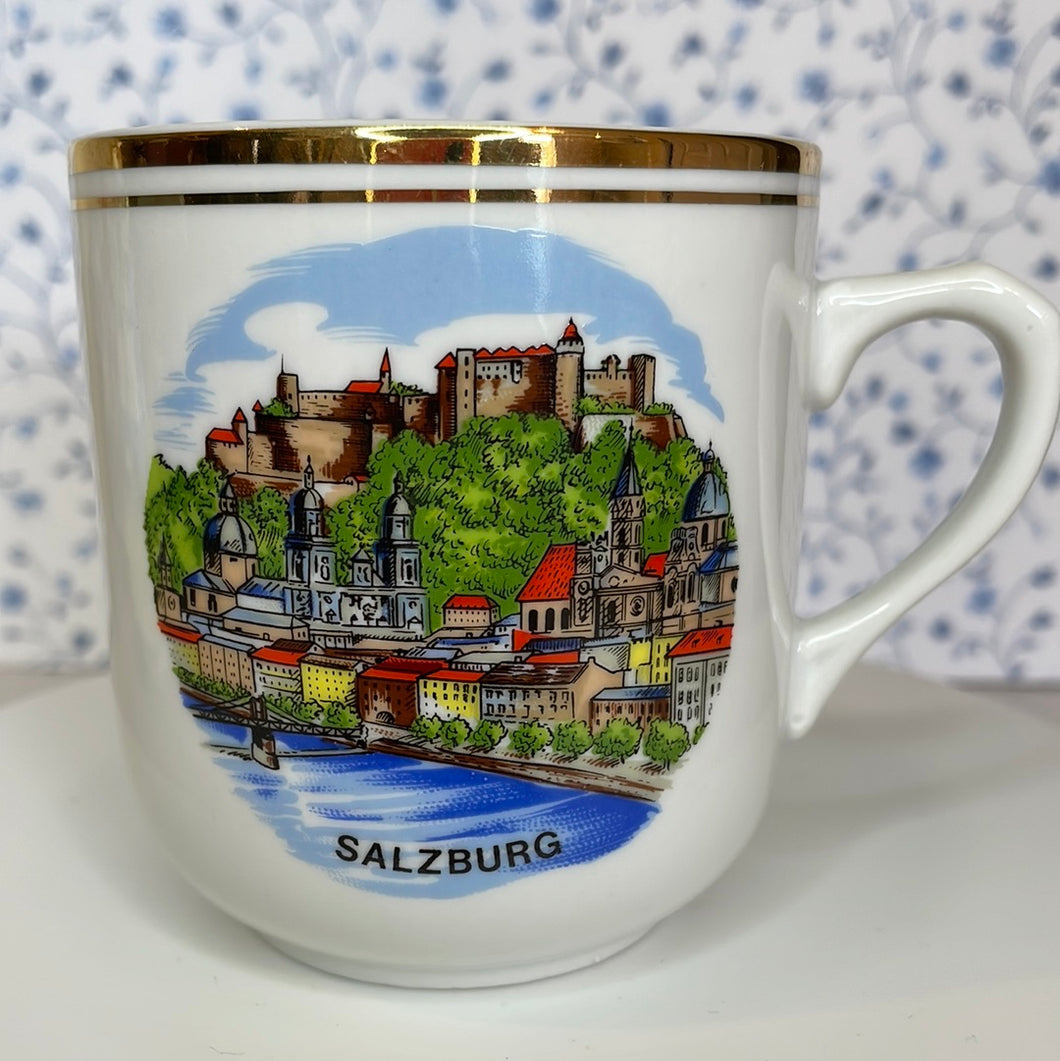 Vintage Salzburg Austria Souvenir Coffee Mug with Gold Rim and Holy Roman Empire, European Palaces and Castles