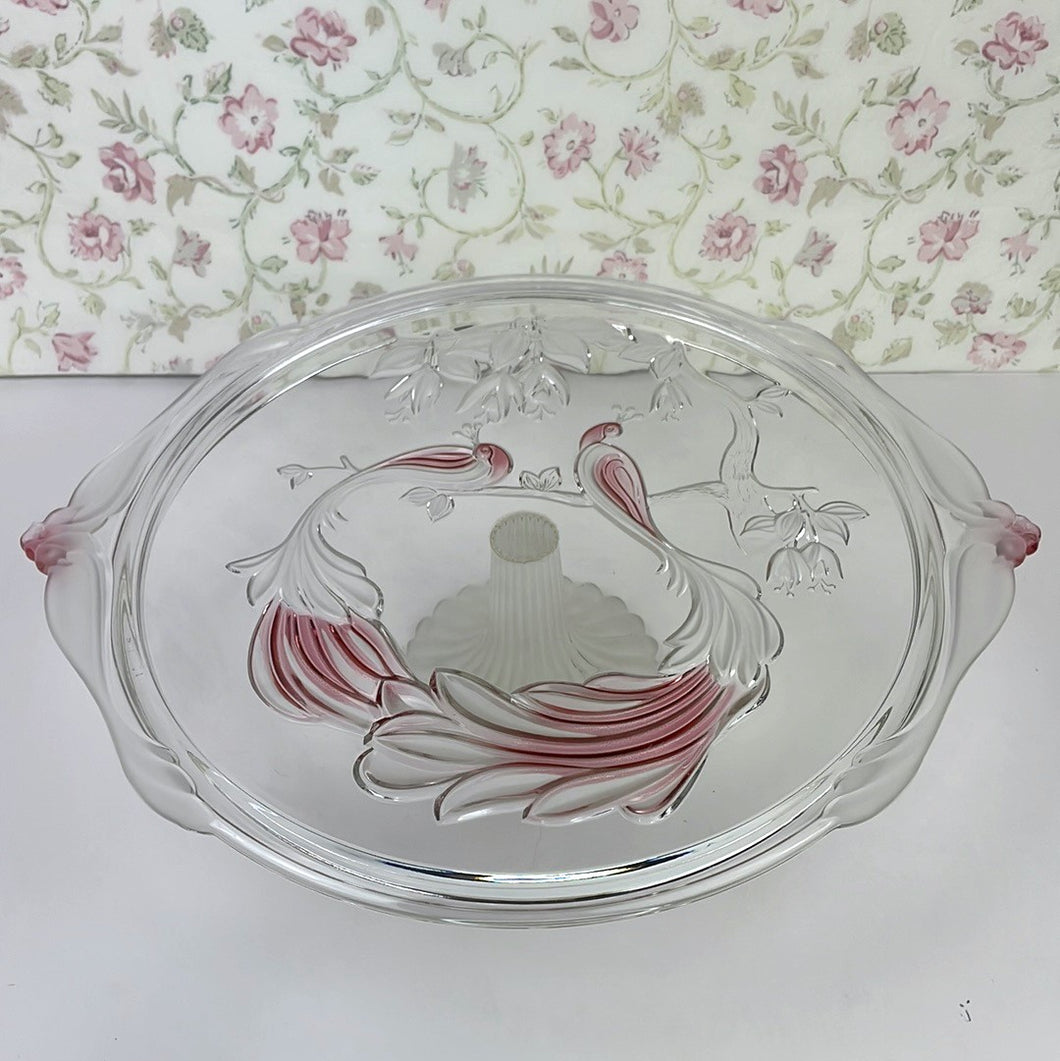 Vintage Mikasa Frosted Glass Pedestal Cake Platter with Peacock Relief