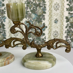 Vintage Onyx and Brass Candlestick Pair: Elegant Art Nouveau Home Decor Accent