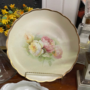 Large Hand Painted Scalloped Edge Floral Plate with gold Trim