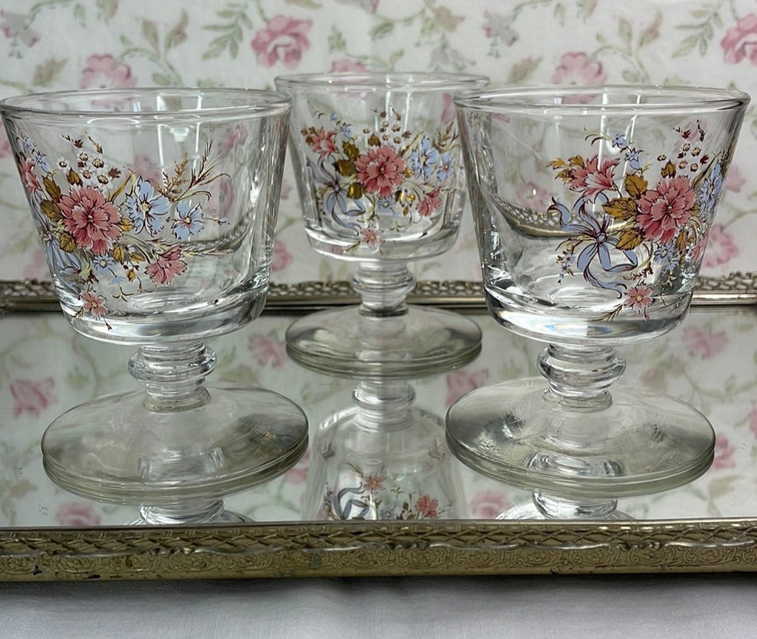 Vintage Floral Footed Juice Glasses/Sherbert Cups - Set of 3