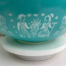 Load image into Gallery viewer, Blue Turquoise and White Pyrex Amish Butterprint Cinderella Mixing Bowls - Set of 4